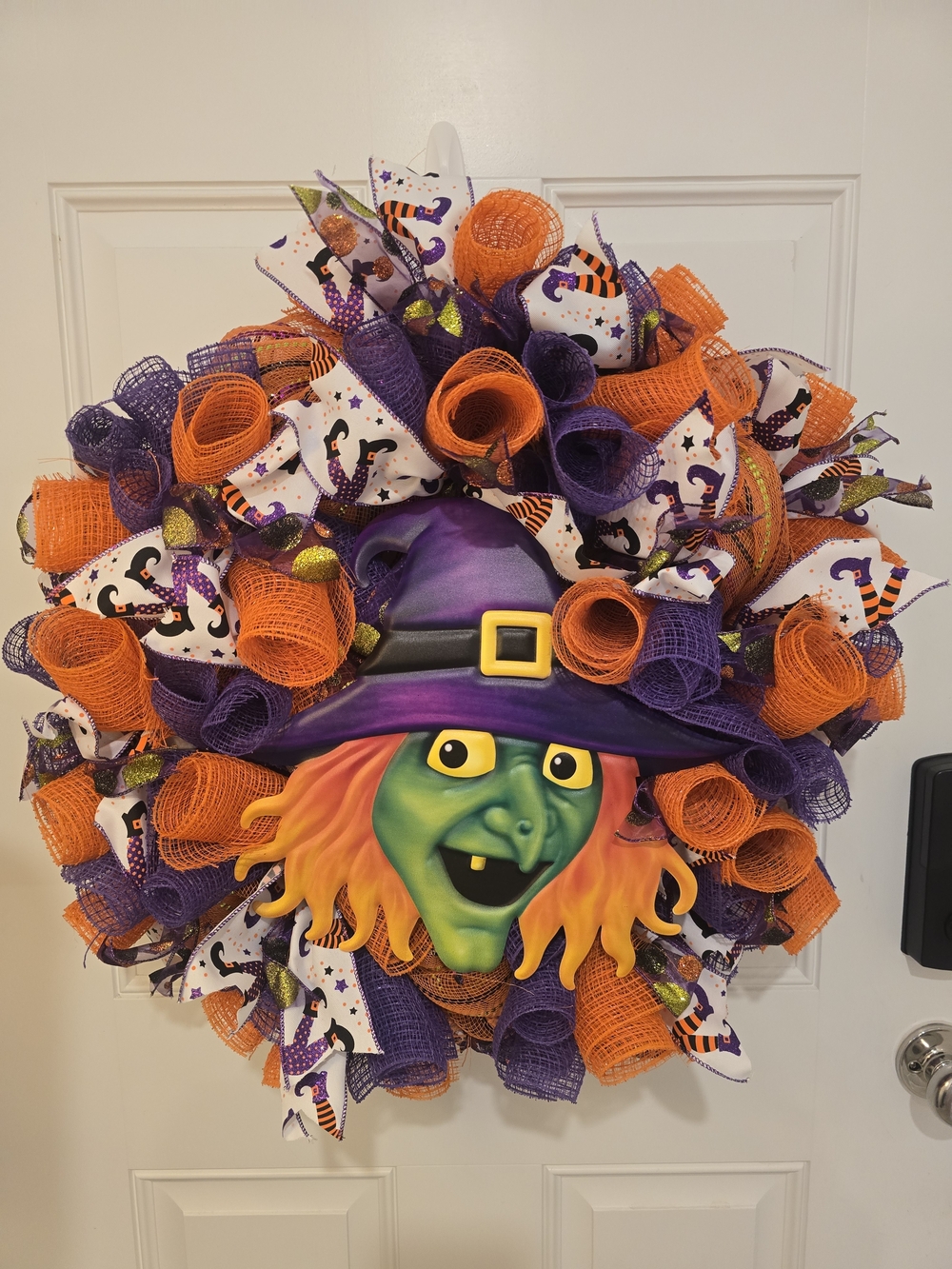 W046 - Halloween Witch Door Wreath - Purple & Orange Witch